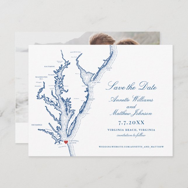 Virginia Beach Wedding Elegant Navy Map Save The Date (Front/Back)