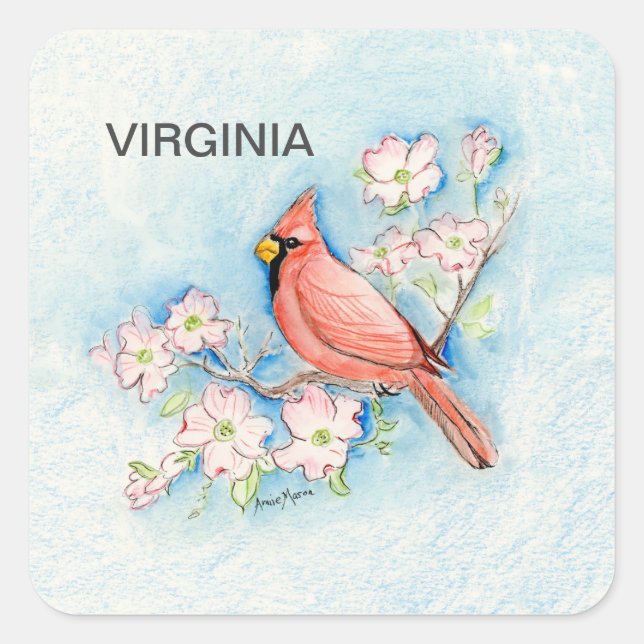Virginia bird and flower square sticker (Front)