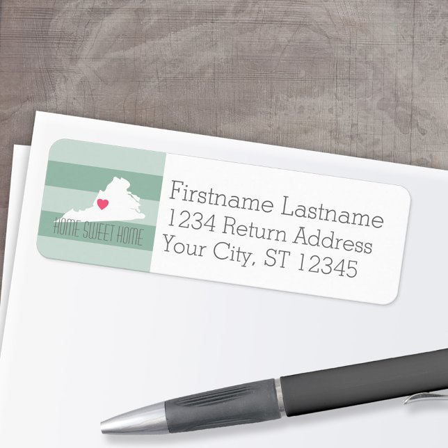 Virginia Map Home State Love with Custom Heart Label (Personalized Mailing Label with Return Address and State Map - Low Minimum)