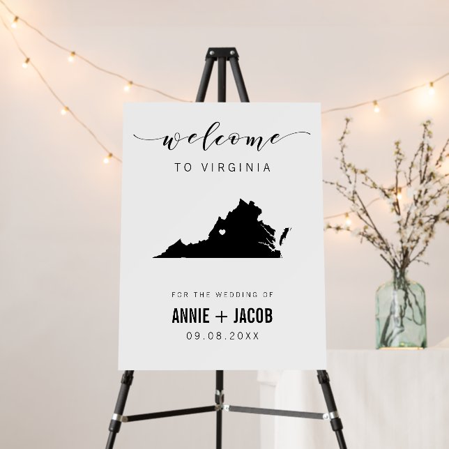 Virginia Map Wedding Welcome Sign, Foam Board (In Situ (Stand))