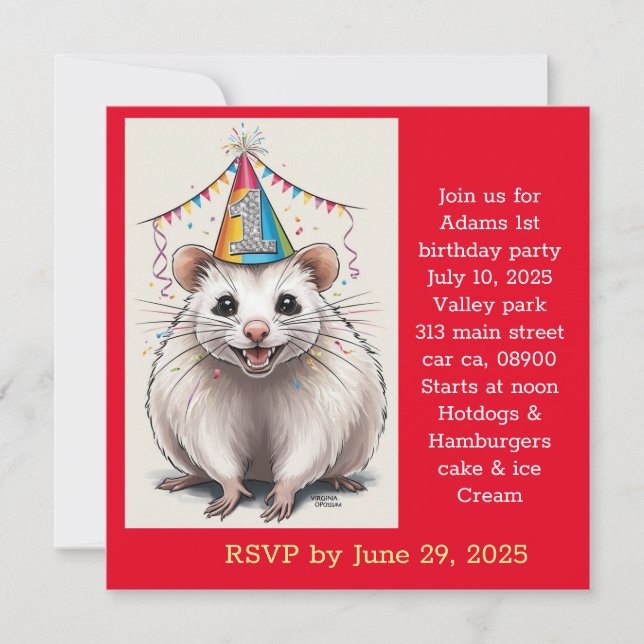 Virginia Opossum wearing birthday hat  Invitation (Front)