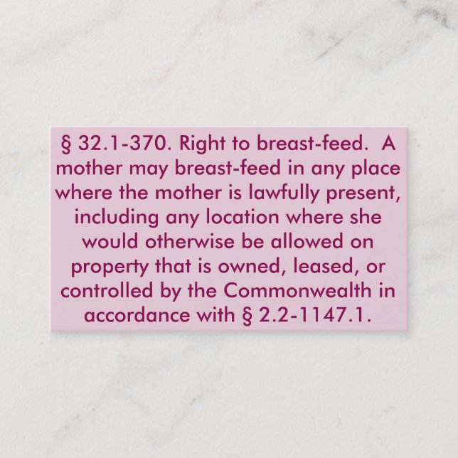 Virginia "Right to Breastfeed" Cards (Front)