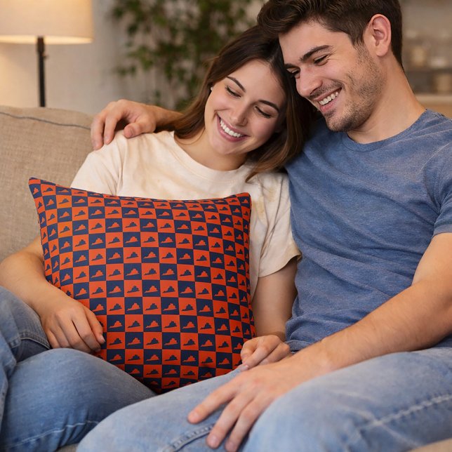 Virginia Silhouette Checker Pattern Blue Orange Throw Pillow (A throw pillow with a blue and orange pattern featuring the US state of Virginia.)