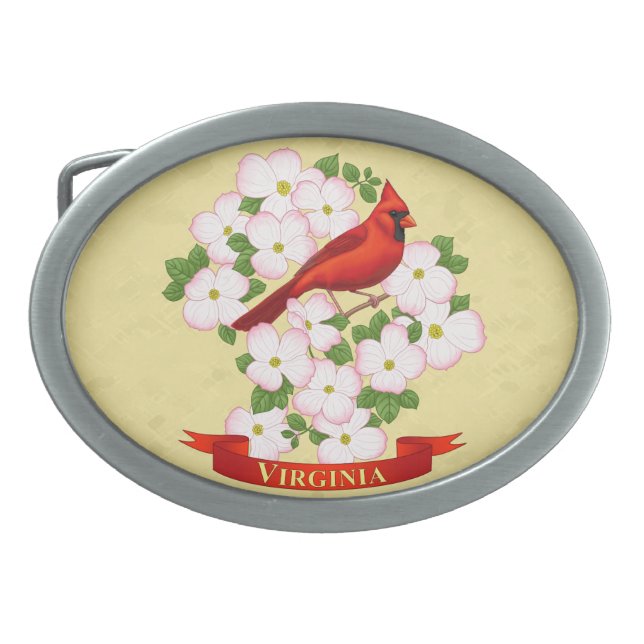 Virginia State Cardinal Bird and Dogwood Flower Belt Buckle (Front)