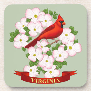 Virginia State Cardinal Bird and Dogwood Flower Beverage Coaster