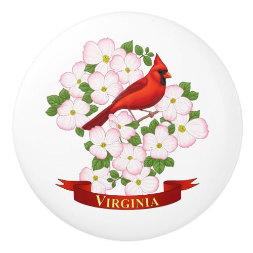 Virginia State Cardinal Bird and Dogwood Flower Ceramic Knob