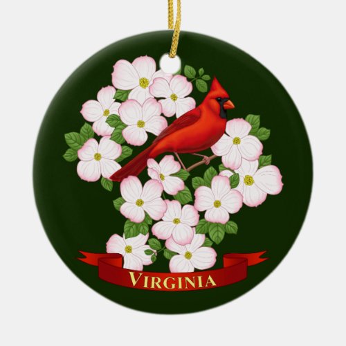 Virginia State Cardinal Bird and Dogwood Flower Ceramic Ornament