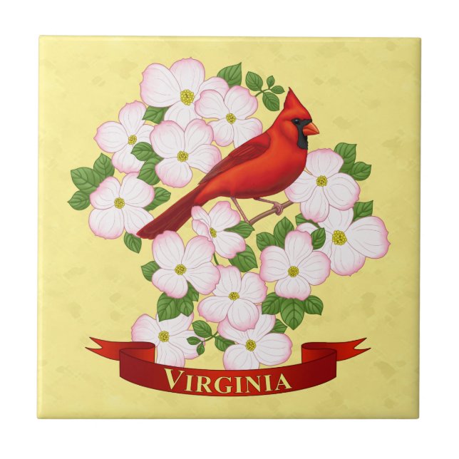 Virginia State Cardinal Bird and Dogwood Flower Ceramic Tile (Front)