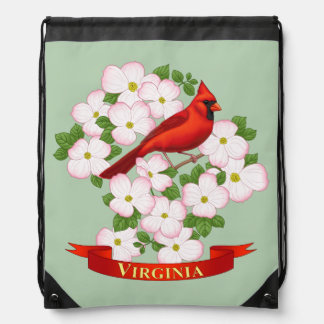 Virginia State Cardinal Bird and Dogwood Flower Drawstring Bag
