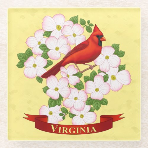 Virginia State Cardinal Bird and Dogwood Flower Glass Coaster