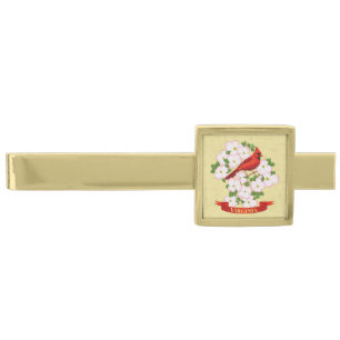 Virginia State Cardinal Bird and Dogwood Flower Gold Finish Tie Bar