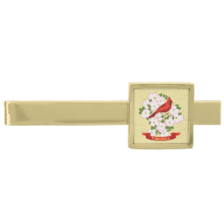 Virginia State Cardinal Bird and Dogwood Flower Gold Finish Tie Bar