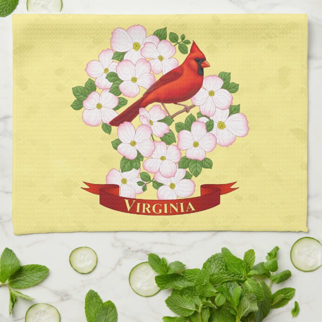 Virginia State Cardinal Bird and Dogwood Flower Kitchen Towel (Folded)