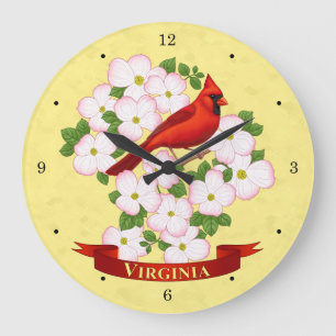 Virginia State Cardinal Bird and Dogwood Flower Large Clock