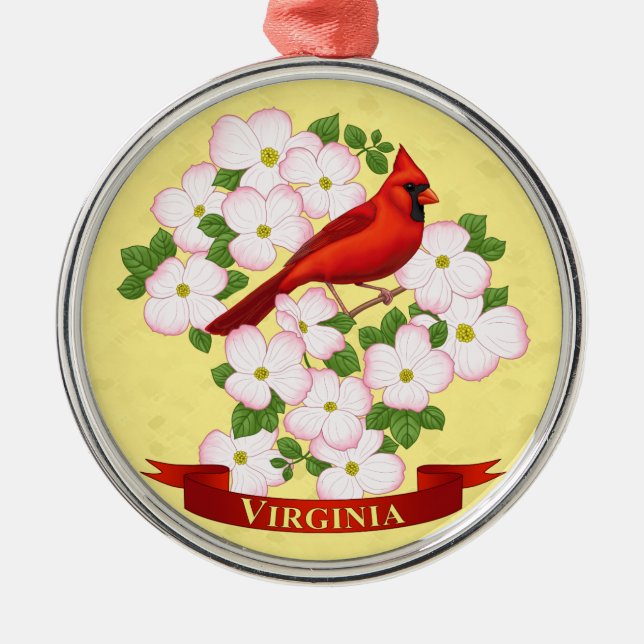 Virginia State Cardinal Bird and Dogwood Flower Metal Ornament (Front)