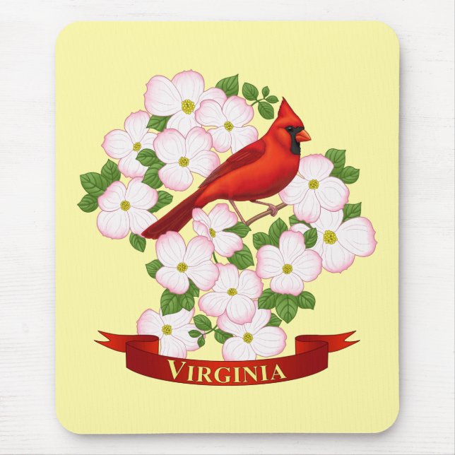 Virginia State Cardinal Bird and Dogwood Flower Mouse Pad (Front)