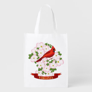Virginia State Cardinal Bird and Dogwood Flower Reusable Grocery Bag