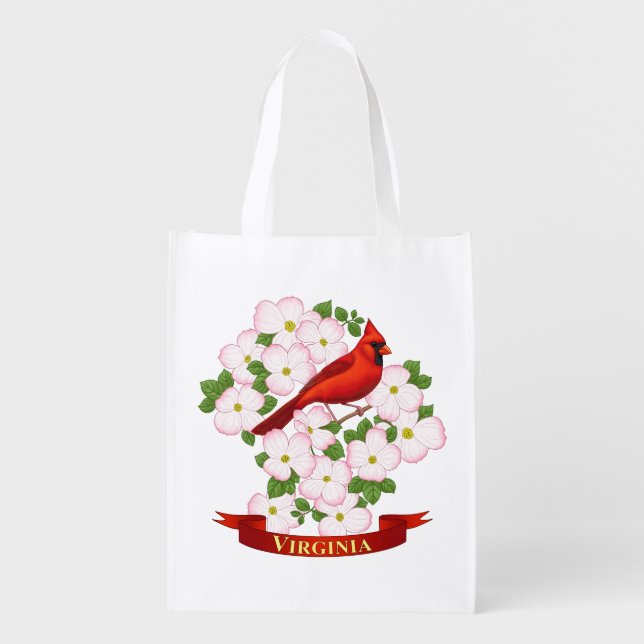 Virginia State Cardinal Bird and Dogwood Flower Reusable Grocery Bag (Front)
