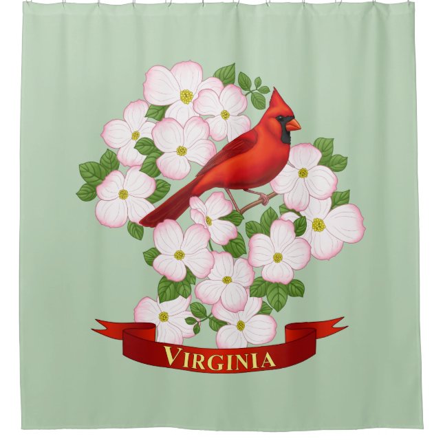 Virginia State Cardinal Bird and Dogwood Flower Shower Curtain (Front)