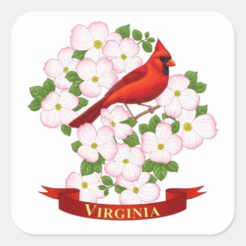 Virginia State Cardinal Bird and Dogwood Flower Square Sticker