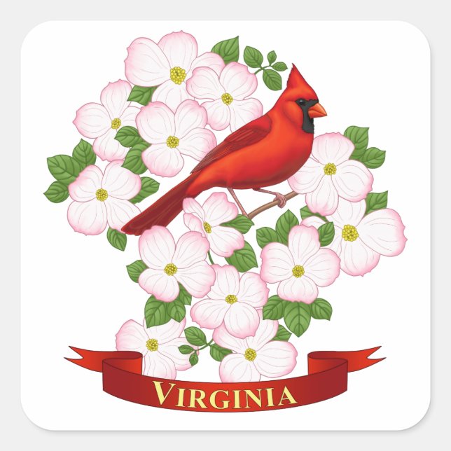 Virginia State Cardinal Bird and Dogwood Flower Square Sticker (Front)