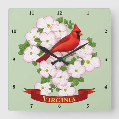 Virginia State Cardinal Bird and Dogwood Flower Square Wall Clock