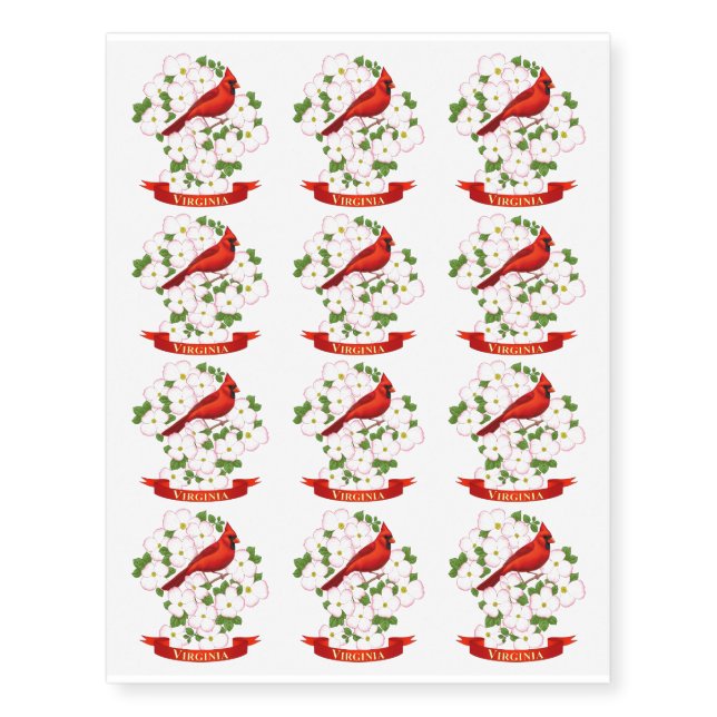 Virginia State Cardinal Bird and Dogwood Flower Temporary Tattoos (Front)