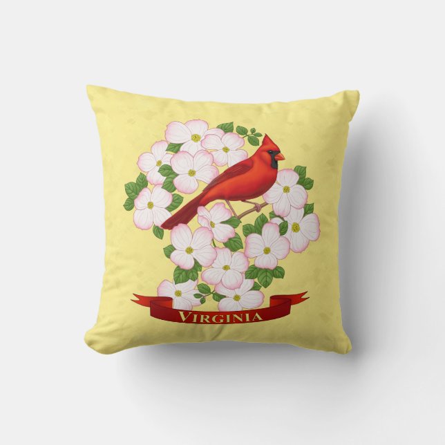 Virginia State Cardinal Bird and Dogwood Flower Throw Pillow (Front)