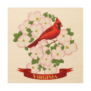 Virginia State Cardinal Bird and Dogwood Flower Wood Wall Art
