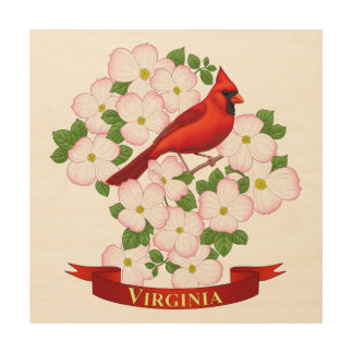 Virginia State Cardinal Bird and Dogwood Flower Wood Wall Art