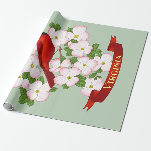 Virginia State Cardinal Bird and Dogwood Flower Wrapping Paper (Unrolled)