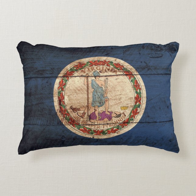 Virginia State Flag on Old Wood Grain Accent Pillow (Front)