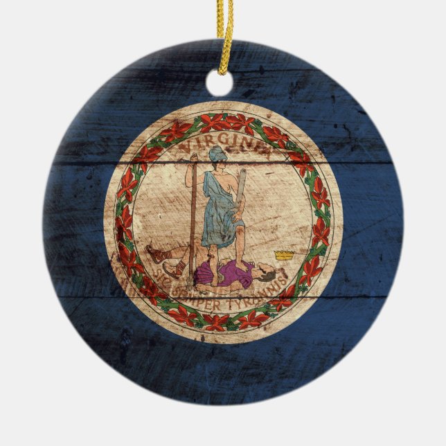Virginia State Flag on Old Wood Grain Ceramic Ornament (Front)