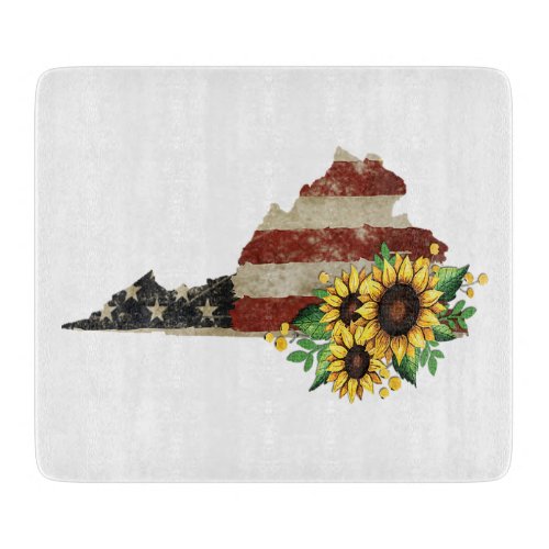 Virginia State Map US Flag Sunflower Glass Cutting Board