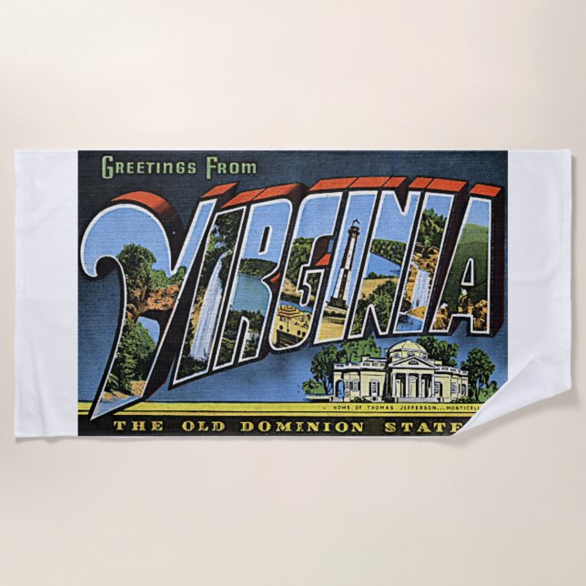 Virginia State Retro Greetings Colorful Art USA Beach Towel (Front)