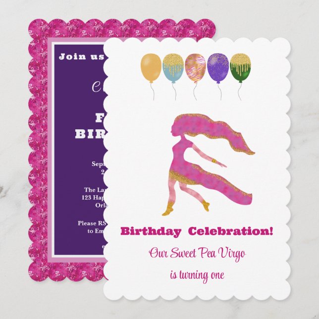 Virgo 1st Birthday Impressionist Gold Glitter Invitation (Front/Back)