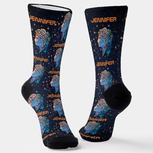 Virgo Constellation Zodiac Watercolor Stars Galaxy Socks (Angled)