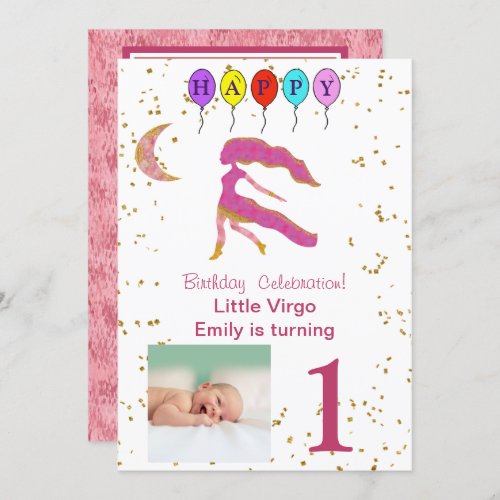 Virgo First Birthday Gold Balloons  Photo Invitation