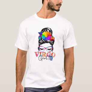 Virgo Girl Birthday Messy Bun Hair Colorful Floral T-Shirt