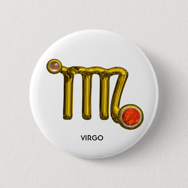 VIRGO / GOLD ORANGE AGATE ZODIAC SIGN JEWEL PINBACK BUTTON (Front)