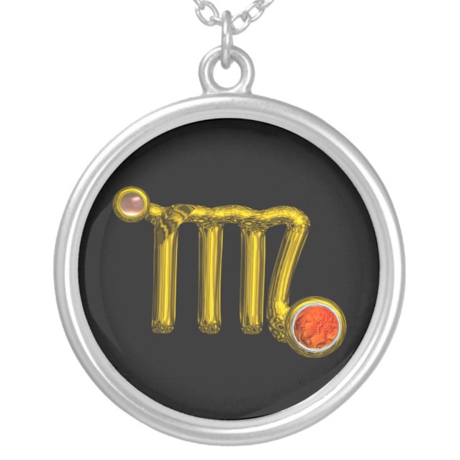 VIRGO / GOLD ZODIAC BIRTHDAY JEWEL ,Orange, Black Silver Plated Necklace (Front)