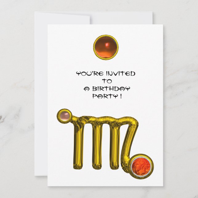 VIRGO /GOLD ZODIAC SIGN JEWEL WHITE BIRTHDAY PARTY INVITATION (Front)