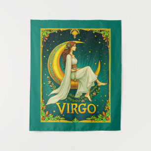 Virgo Maiden Sitting on Crescent Moon Tapestry