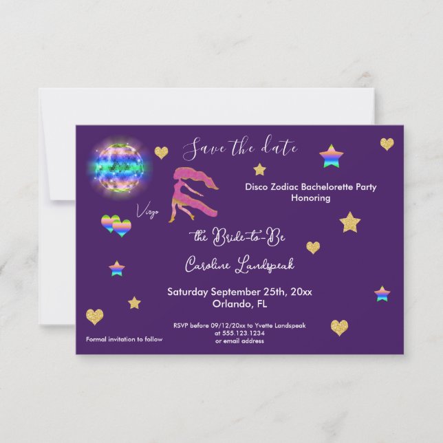 Virgo Sign & Disco Ball Bachelorette Party Save The Date (Front)