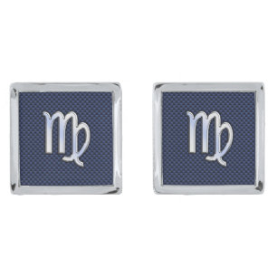Virgo Sign on Blue Carbon Fiber Print Style Silver Cufflinks