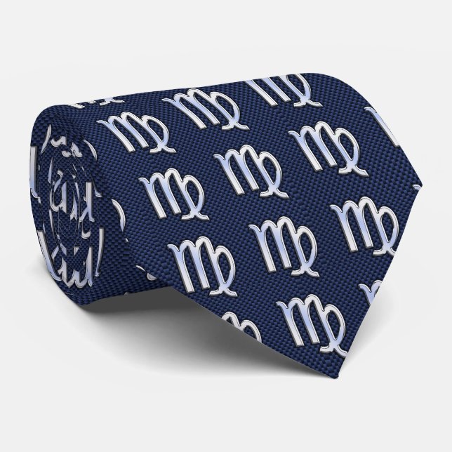 Virgo Sign on Blue Carbon Fiber Print Style Tie (Rolled)