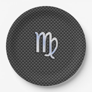 Virgo Sign on Charcoal Carbon Fiber Print Paper Plates