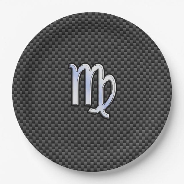 Virgo Sign on Charcoal Carbon Fiber Print Paper Plates (Front)