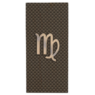 Virgo Sign on Charcoal Carbon Fiber Print Wood USB Flash Drive