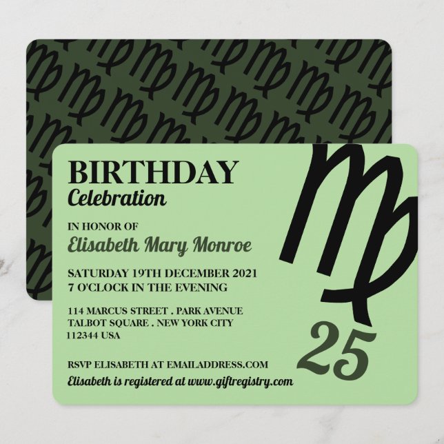 Virgo, The Maiden, Zodiac Star Sign, Birthday Invitation (Front/Back)